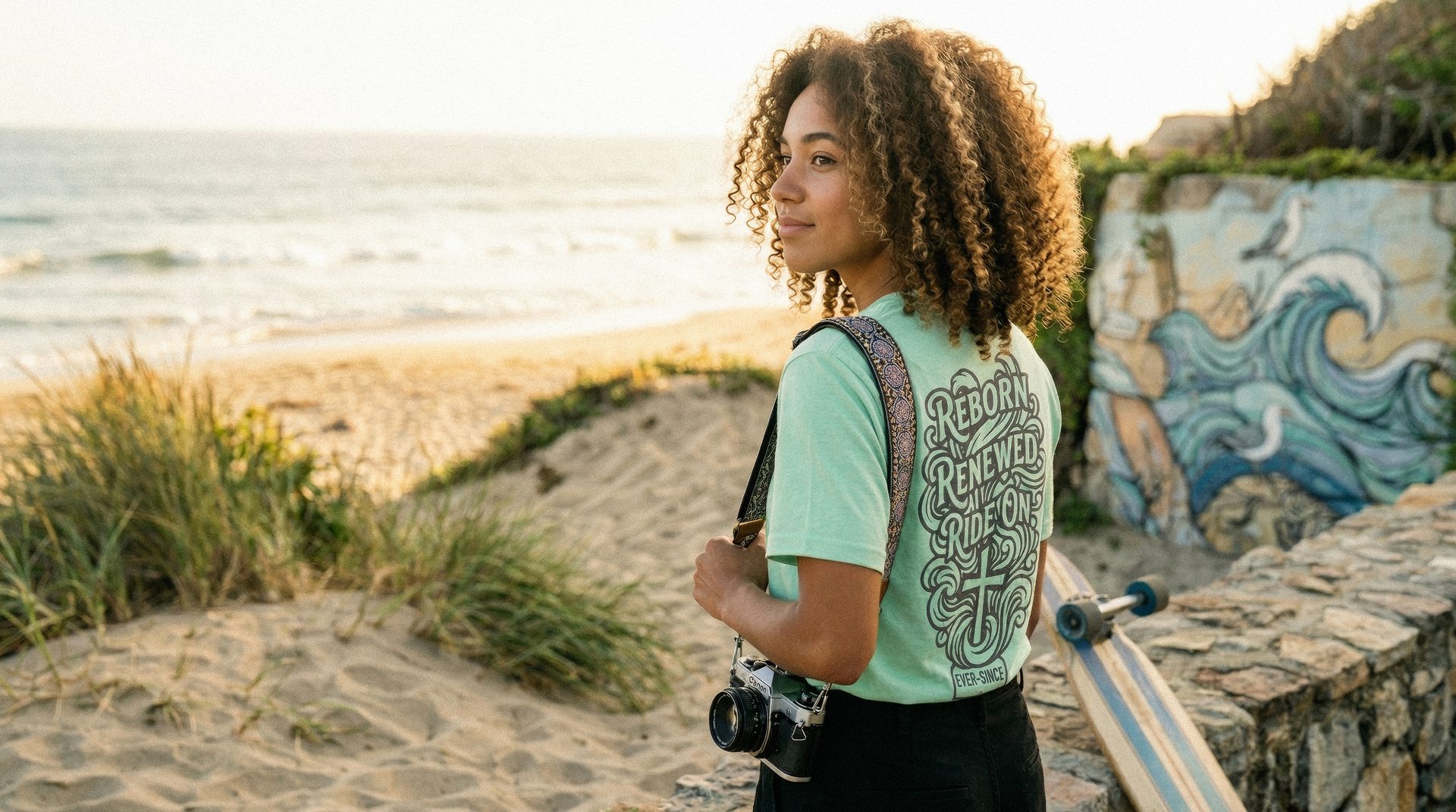 Zara wearing an EverSince tee, camera in hand — dressed in her testimony